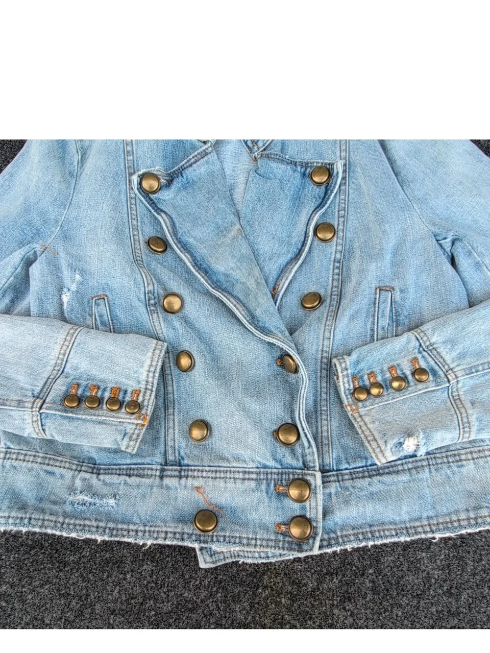 Free People Denim Jacket Womens Medium Blue Ferry Frayed Jean Military Motto
